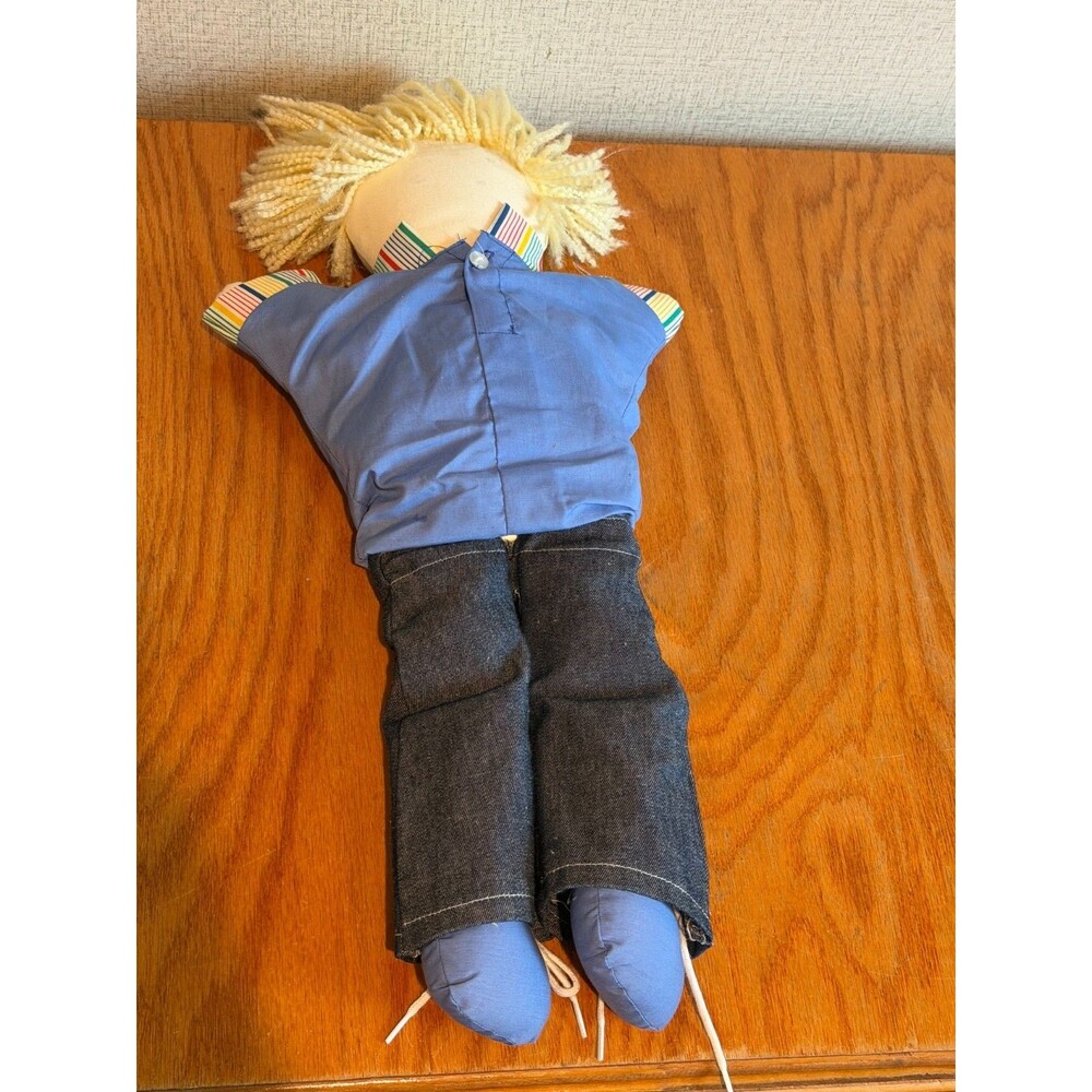 Vintage Handcrafted Boy Rag Doll Blonde Yarn Hair Denim Pants Blue Shirt - Picture 3 of 3